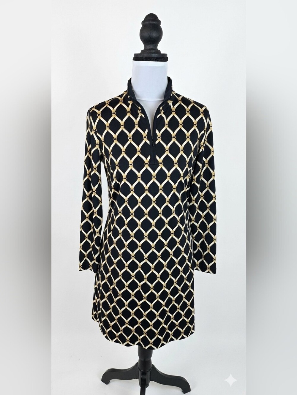 ​J McLaughlin Dress S Small Chain Link Geometric Mock Neck Zip Long Sleeve Shift